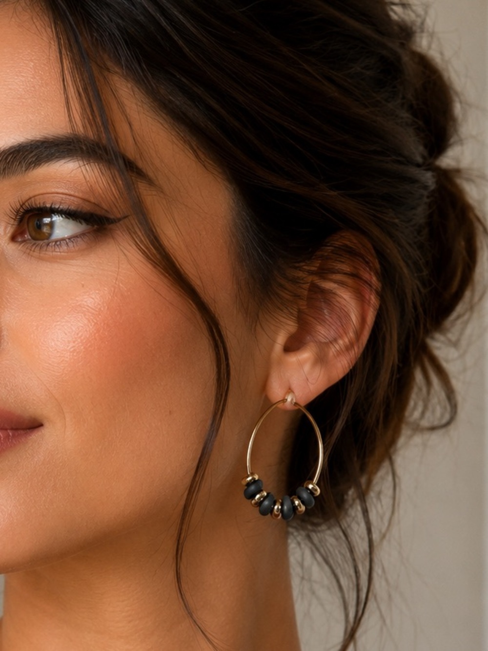 Gold Hoop Earrings with Dark Green Beads - Women Jewelry